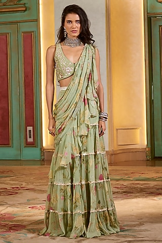 Sage Green Chiffon Pre-Draped Ruffled Saree Set by Paulmi & Harsh