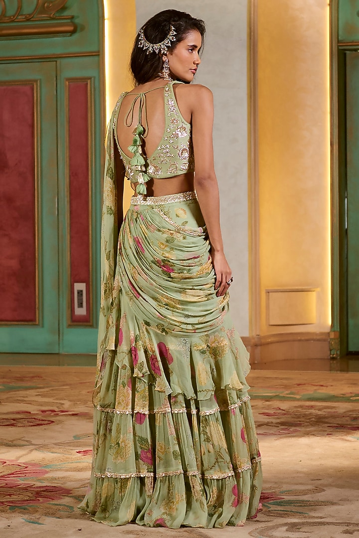 Sage Green Chiffon Pre-Draped Ruffled Wedding Saree Set by Paulmi & Harsh at Pernia's Pop Up Shop