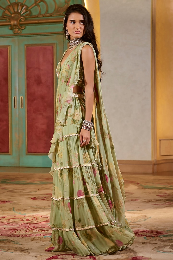 Sage Green Chiffon Pre-Draped Ruffled Wedding Saree Set by Paulmi & Harsh at Pernia's Pop Up Shop