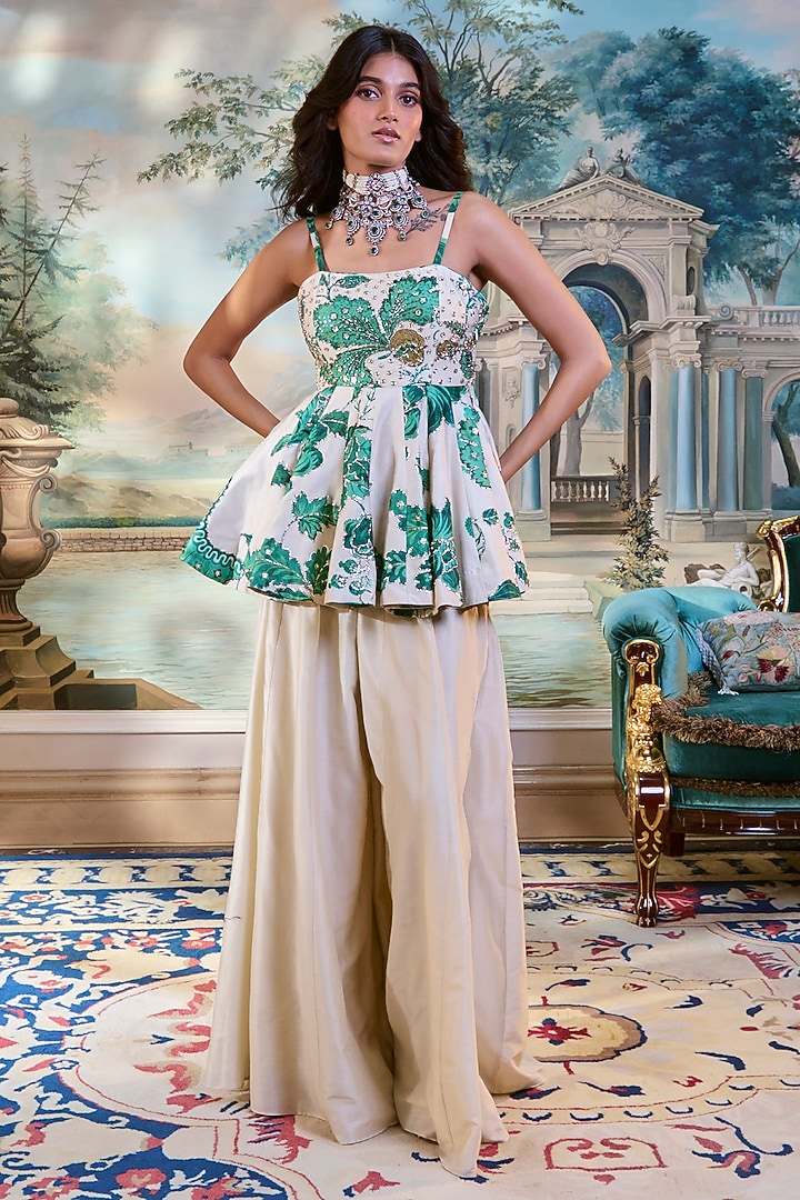 Ivory & Green Chiniya Silk Palazzo Pant Set by Paulmi & Harsh at Pernia's Pop Up Shop