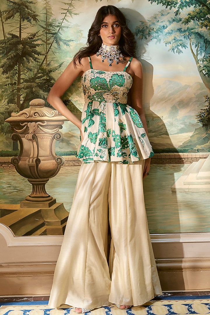 Ivory & Green Chiniya Silk Palazzo Pant Set by Paulmi & Harsh at Pernia's Pop Up Shop
