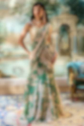 Ivory & Green Chiffon Floral Printed Pre-Draped Wedding Saree Set by Paulmi & Harsh at Pernia's Pop Up Shop