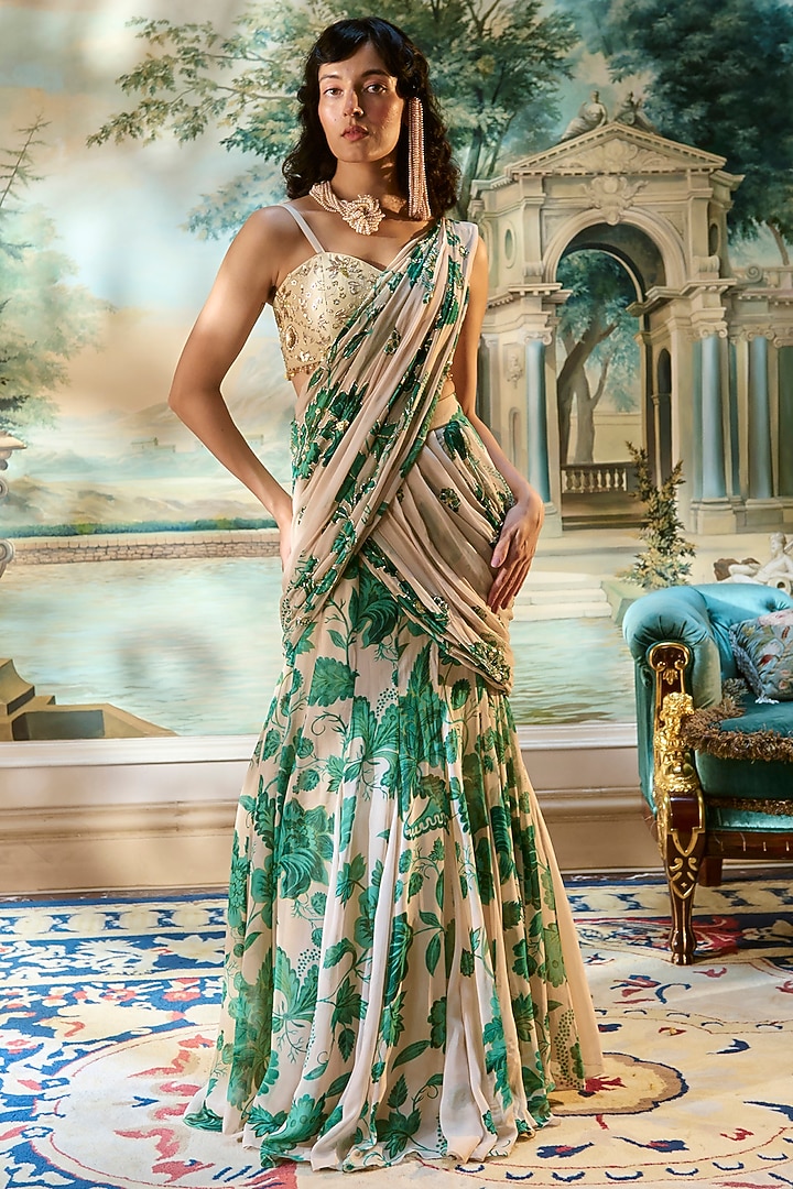 Ivory & Green Chiffon Floral Printed Pre-Draped Wedding Saree Set by Paulmi & Harsh at Pernia's Pop Up Shop