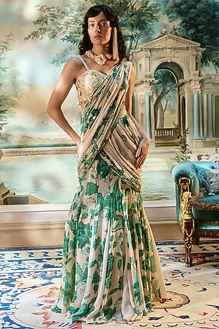 Ivory & Green Chiffon Floral Printed Pre-Draped Saree Set by Paulmi & Harsh