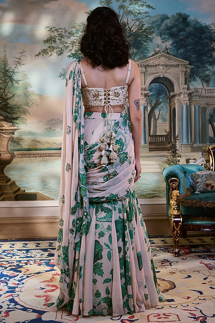 Ivory & Green Chiffon Floral Printed Pre-Draped Wedding Saree Set by Paulmi & Harsh at Pernia's Pop Up Shop