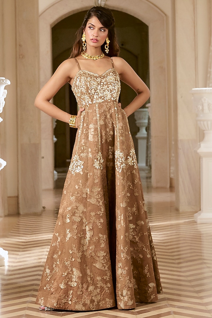 Mocha Brown Jacquard Zardosi Embroidered Jumpsuit by Paulmi & Harsh at Pernia's Pop Up Shop