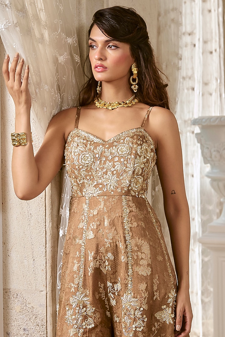 Mocha Brown Jacquard Zardosi Embroidered Jumpsuit by Paulmi & Harsh at Pernia's Pop Up Shop