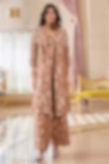 Mocha Brown Jacquard Hand Embroidered Jacket Set by Paulmi & Harsh at Pernia's Pop Up Shop