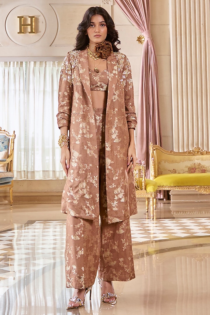 Mocha Brown Jacquard Hand Embroidered Jacket Set by Paulmi & Harsh at Pernia's Pop Up Shop