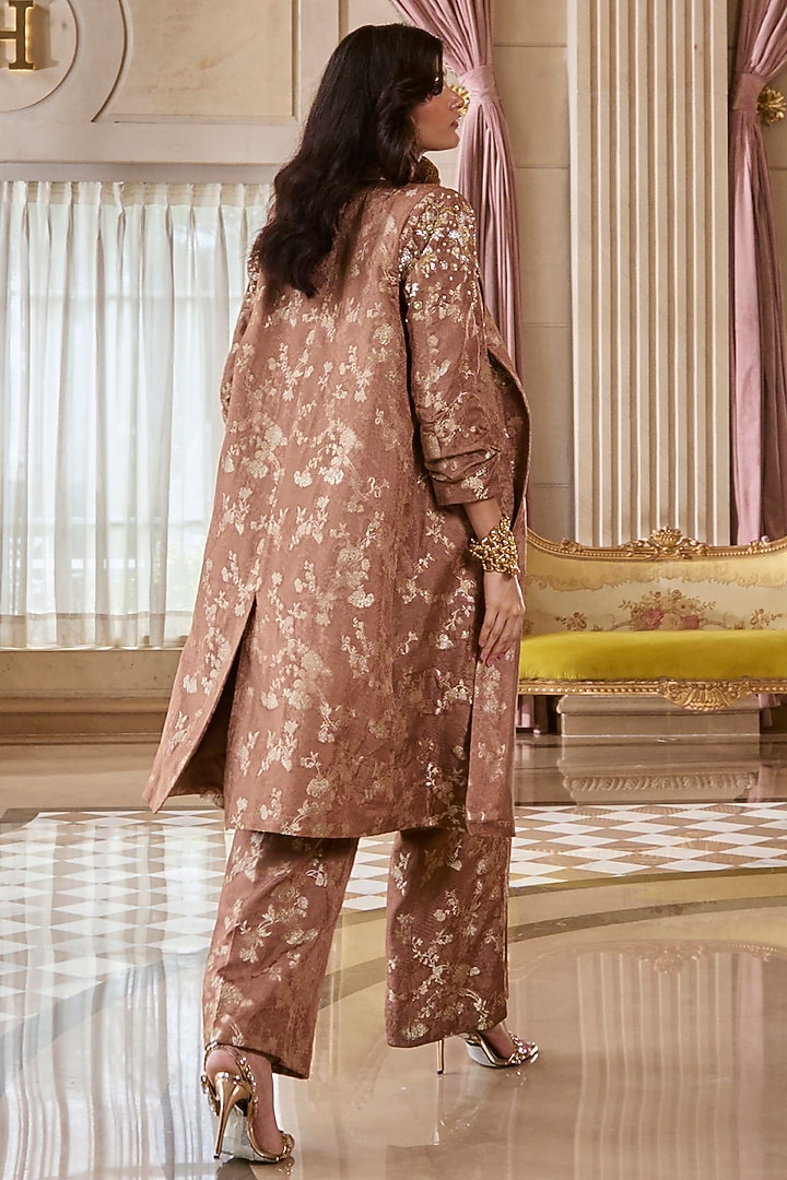 Mocha Brown Jacquard Hand Embroidered Jacket Set by Paulmi & Harsh at Pernia's Pop Up Shop