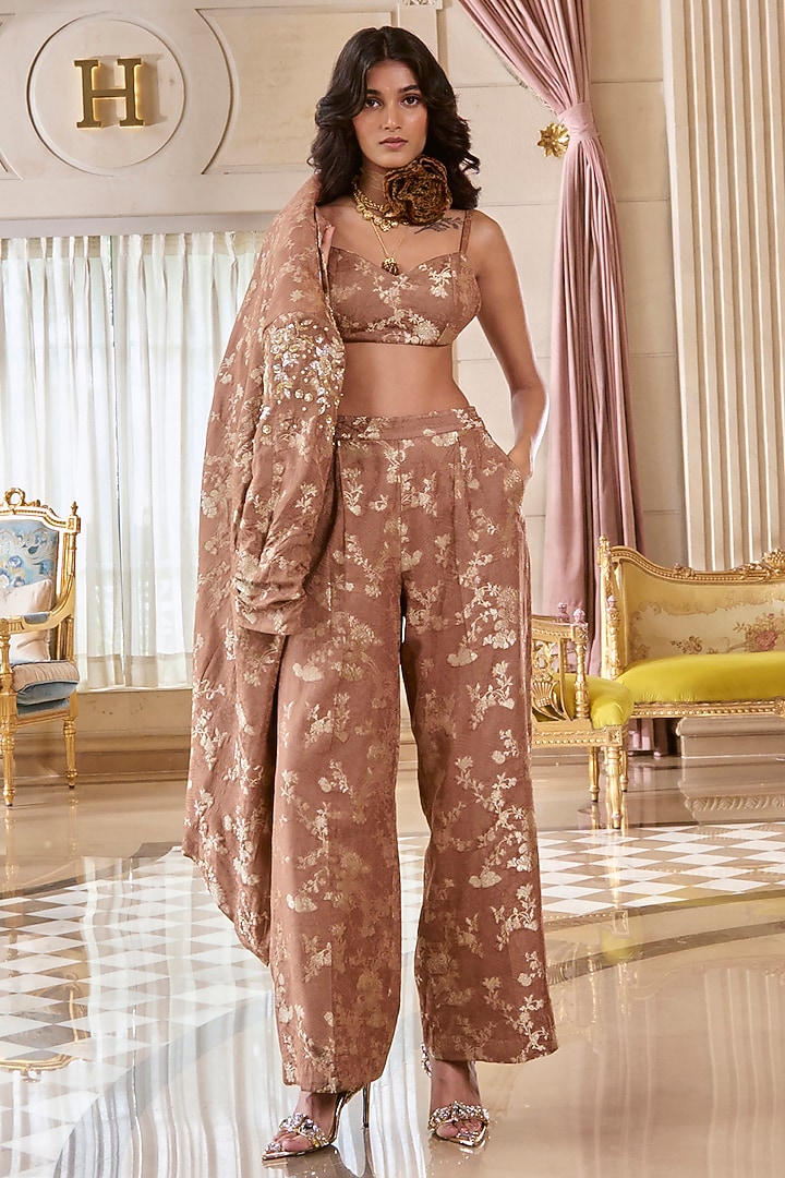 Mocha Brown Jacquard Hand Embroidered Jacket Set by Paulmi & Harsh at Pernia's Pop Up Shop