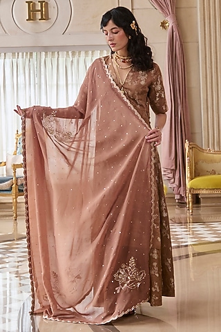 Mocha Brown Jacquard V-Neck Kurta Set by Paulmi & Harsh