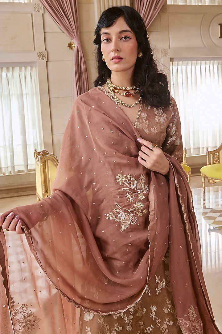 Mocha Brown Jacquard V-Neck Kurta Set by Paulmi & Harsh at Pernia's Pop Up Shop