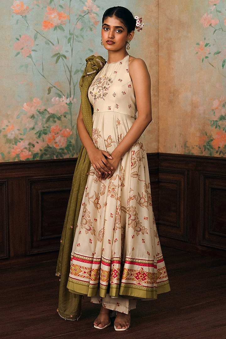 Ivory Cotton Silk Printed Halter Wedding Anarkali Set by Paulmi & Harsh at Pernia's Pop Up Shop