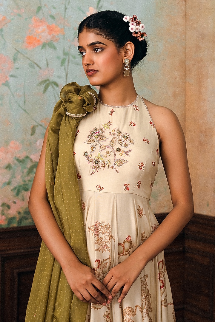 Ivory Cotton Silk Printed Halter Wedding Anarkali Set by Paulmi & Harsh at Pernia's Pop Up Shop
