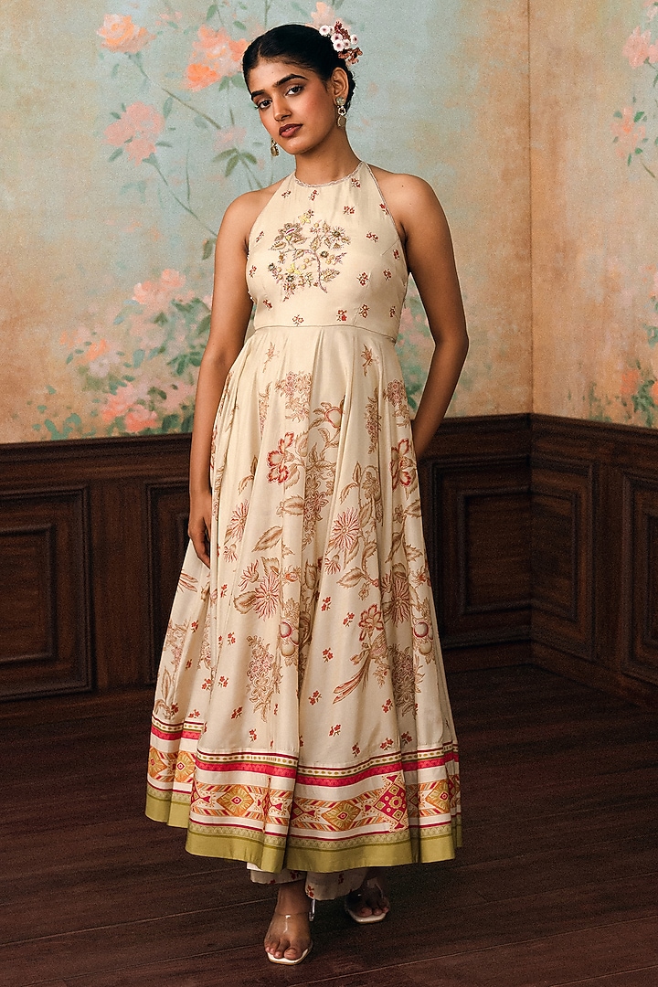 Ivory Cotton Silk Printed Halter Wedding Anarkali Set by Paulmi & Harsh at Pernia's Pop Up Shop