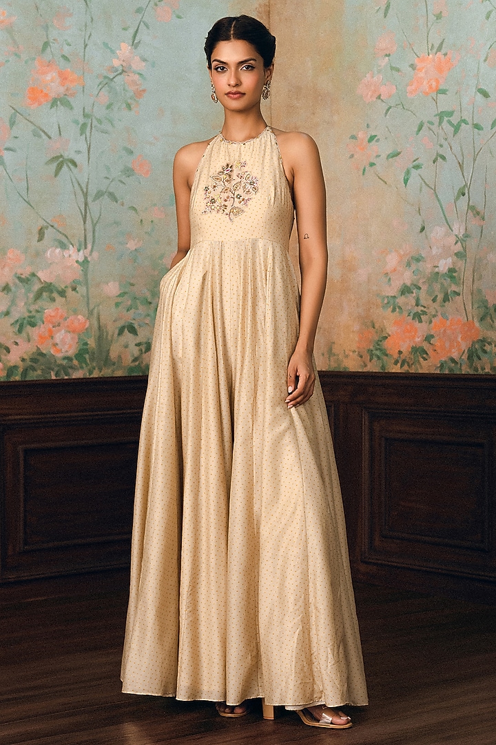 Ivory Cotton Silk Printed & Embroidered Jumpsuit by Paulmi & Harsh at Pernia's Pop Up Shop