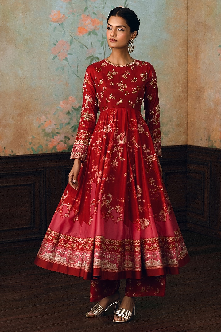 Crimson Red Cotton Silk Printed & Embroidered Wedding Anarkali Set by Paulmi & Harsh at Pernia's Pop Up Shop