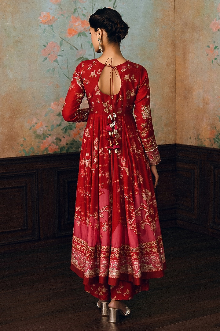 Crimson Red Cotton Silk Printed & Embroidered Wedding Anarkali Set by Paulmi & Harsh at Pernia's Pop Up Shop