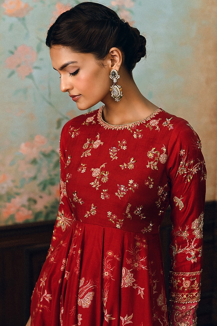 Crimson Red Cotton Silk Printed & Embroidered Wedding Anarkali Set by Paulmi & Harsh at Pernia's Pop Up Shop