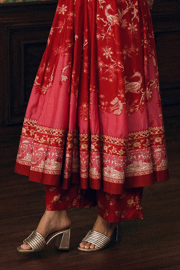 Crimson Red Cotton Silk Printed & Embroidered Wedding Anarkali Set by Paulmi & Harsh at Pernia's Pop Up Shop