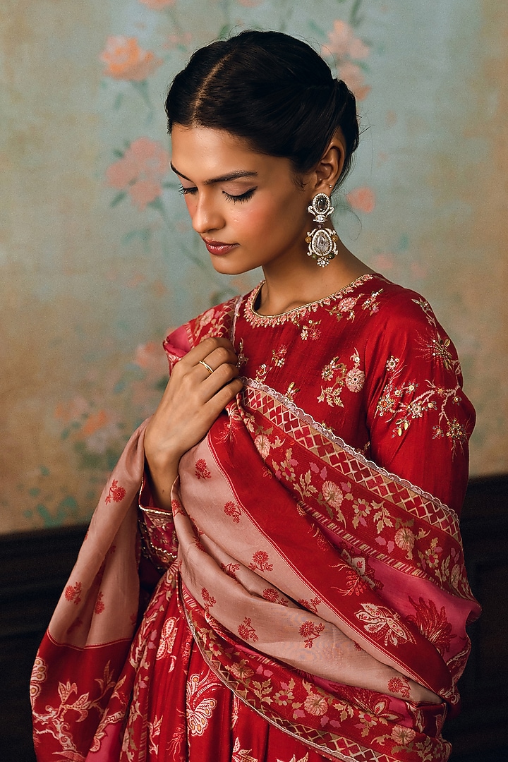 Crimson Red Cotton Silk Printed & Embroidered Wedding Anarkali Set by Paulmi & Harsh at Pernia's Pop Up Shop