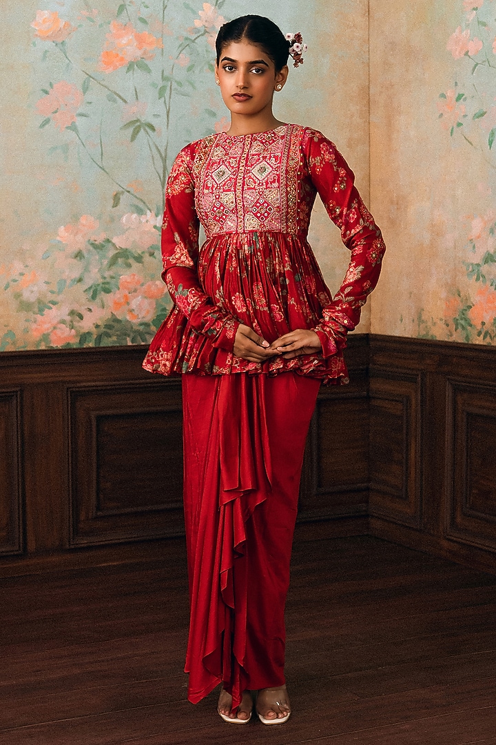 Crimson Red Crepe Draped Skirt Set by Paulmi & Harsh at Pernia's Pop Up Shop