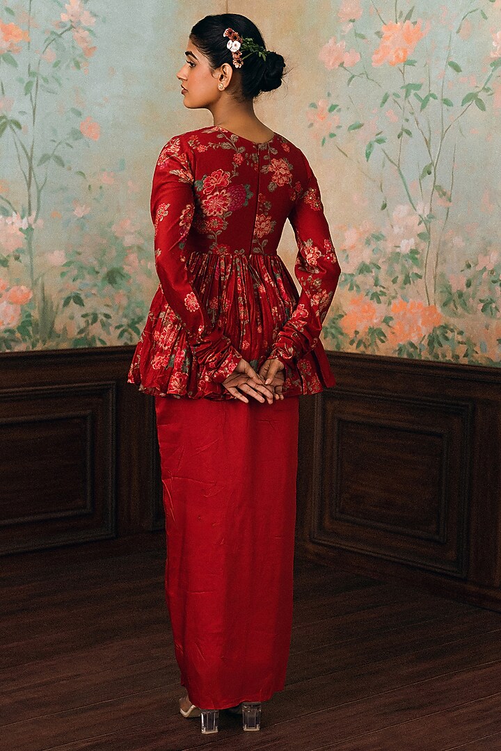 Crimson Red Crepe Draped Skirt Set by Paulmi & Harsh at Pernia's Pop Up Shop