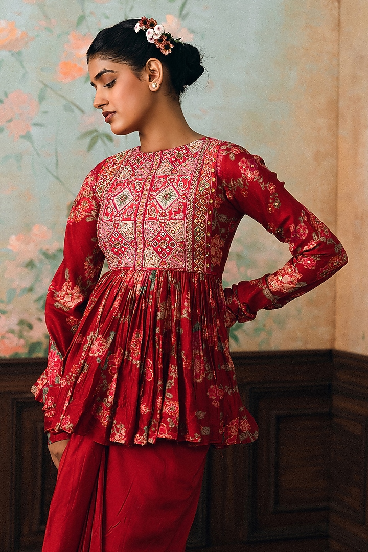 Crimson Red Crepe Draped Skirt Set by Paulmi & Harsh at Pernia's Pop Up Shop