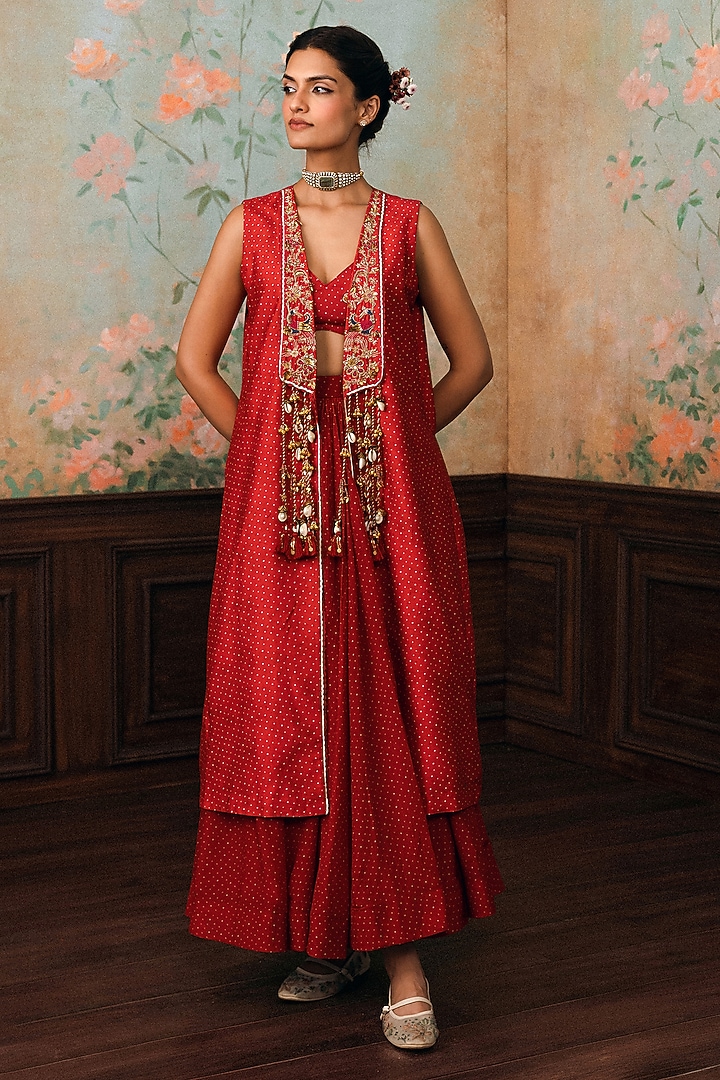 Crimson Red Cotton Silk Skirt Set by Paulmi & Harsh at Pernia's Pop Up Shop