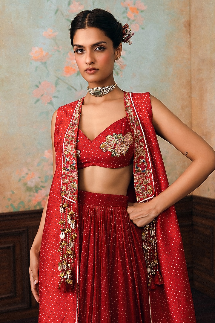 Crimson Red Cotton Silk Skirt Set by Paulmi & Harsh at Pernia's Pop Up Shop