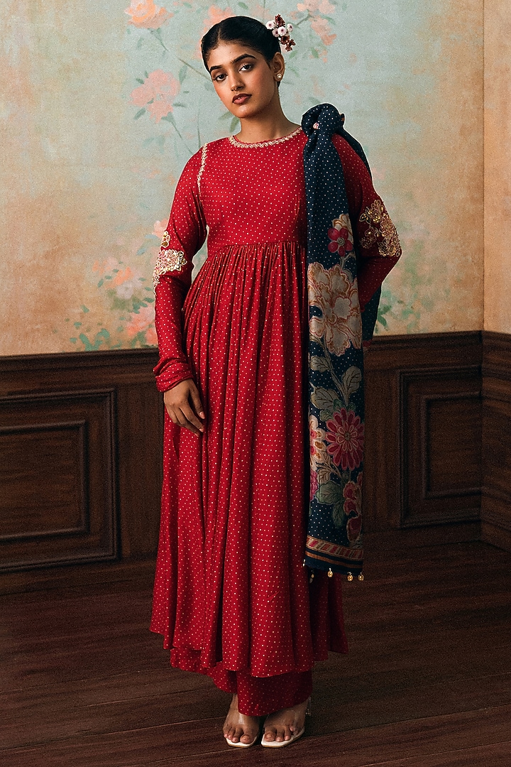Crimson Red Cotton Silk Polka Dot Printed Party Wear Anarkali Set by Paulmi & Harsh at Pernia's Pop Up Shop