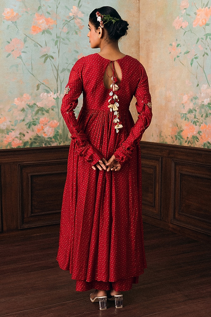 Crimson Red Cotton Silk Polka Dot Printed Party Wear Anarkali Set by Paulmi & Harsh at Pernia's Pop Up Shop