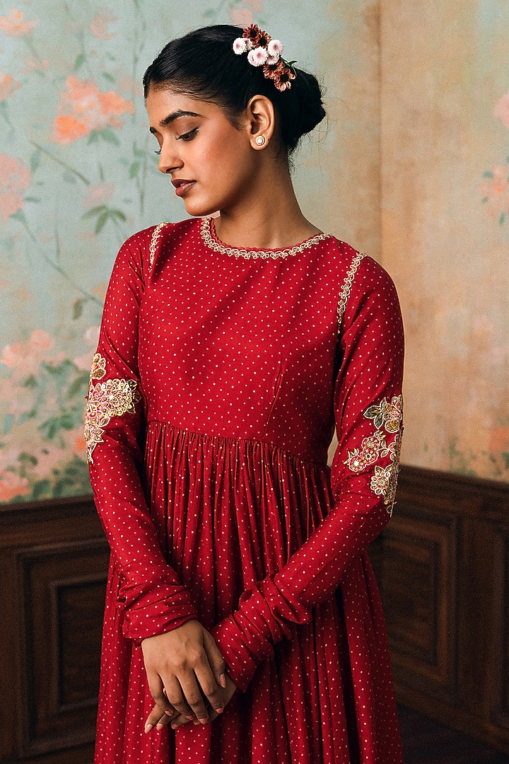Crimson Red Cotton Silk Polka Dot Printed Party Wear Anarkali Set by Paulmi & Harsh at Pernia's Pop Up Shop