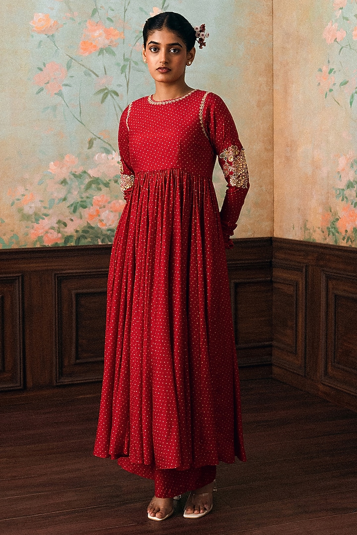 Crimson Red Cotton Silk Polka Dot Printed Party Wear Anarkali Set by Paulmi & Harsh at Pernia's Pop Up Shop