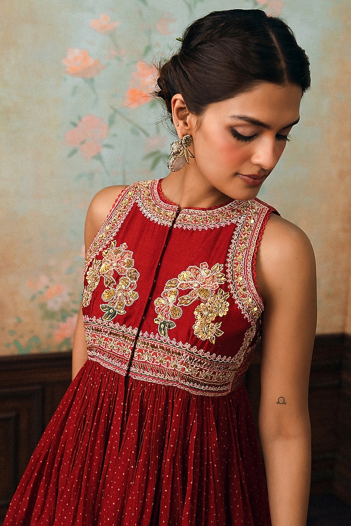 Crimson Red Crushed Palazzo Set by Paulmi & Harsh at Pernia's Pop Up Shop
