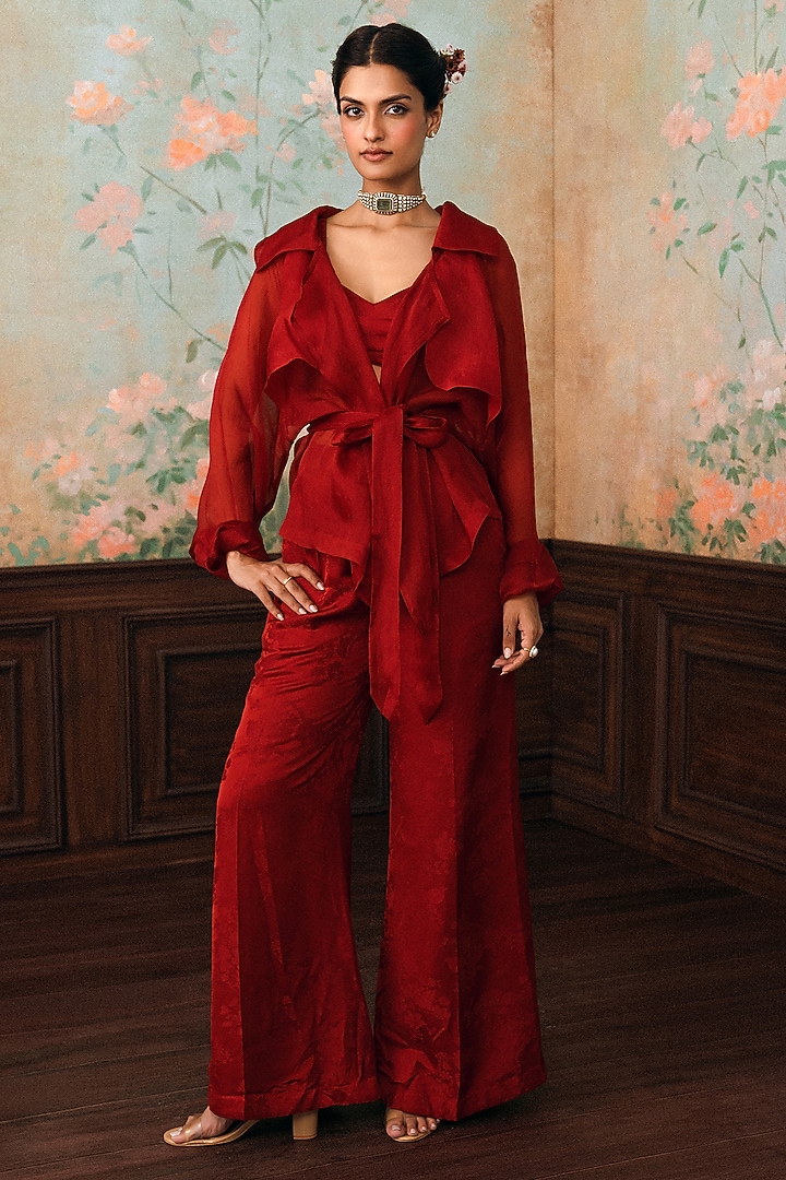 Crimson Red Jacquard Pant Set by Paulmi & Harsh at Pernia's Pop Up Shop