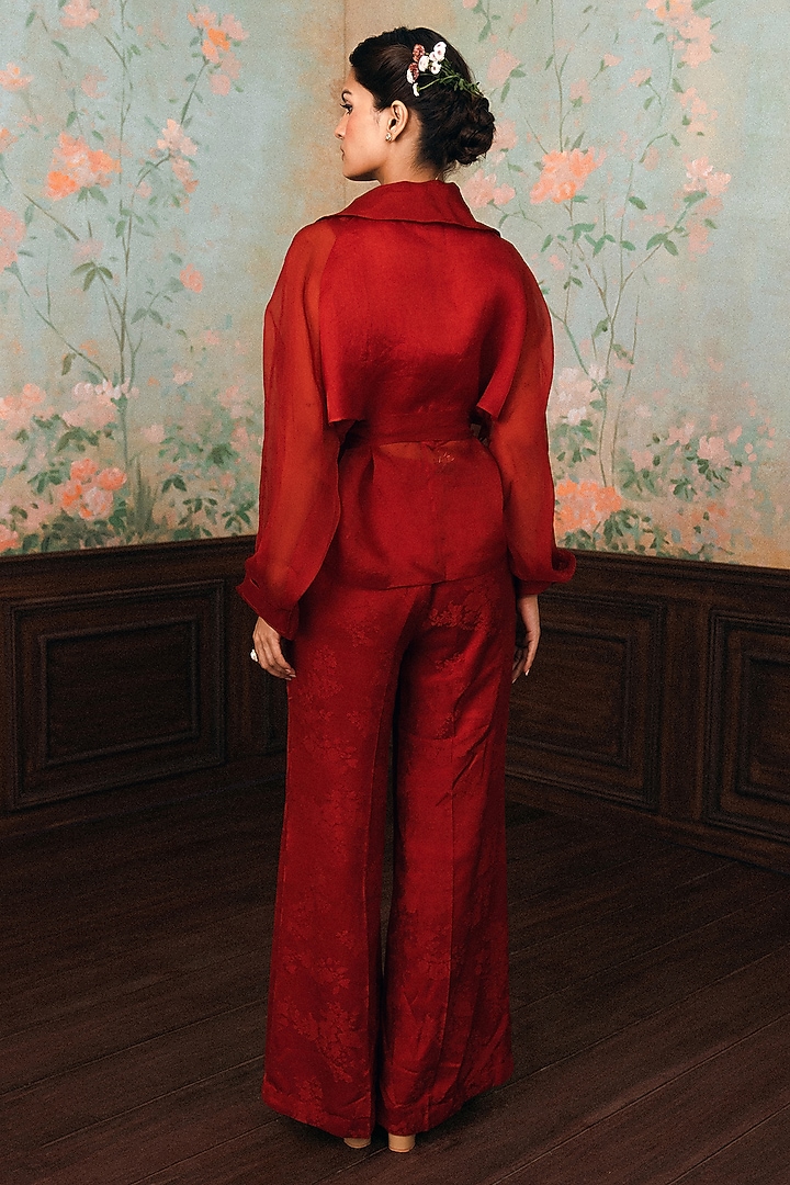 Crimson Red Jacquard Pant Set by Paulmi & Harsh at Pernia's Pop Up Shop
