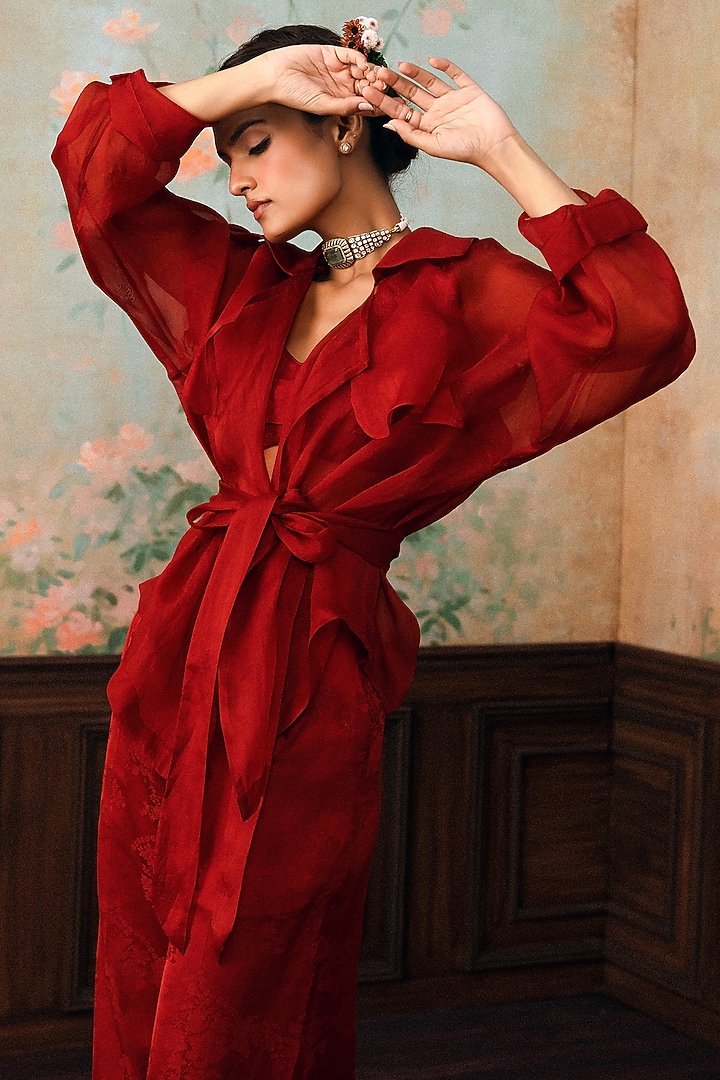 Crimson Red Jacquard Pant Set by Paulmi & Harsh at Pernia's Pop Up Shop