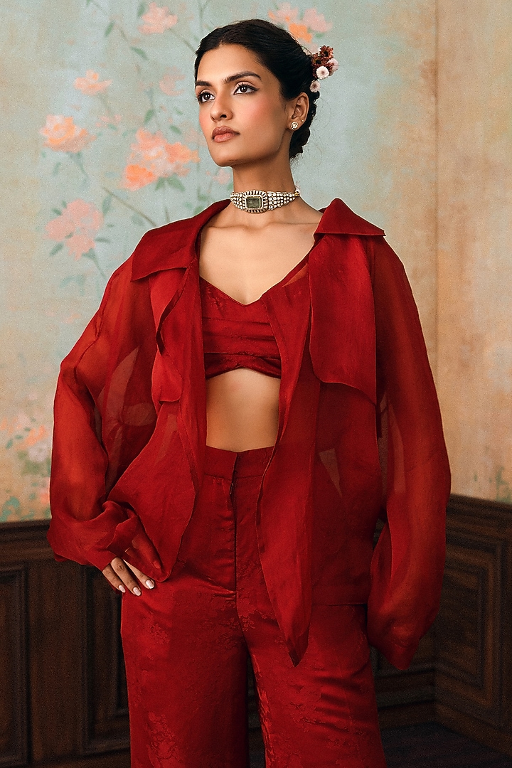 Crimson Red Jacquard Pant Set by Paulmi & Harsh at Pernia's Pop Up Shop