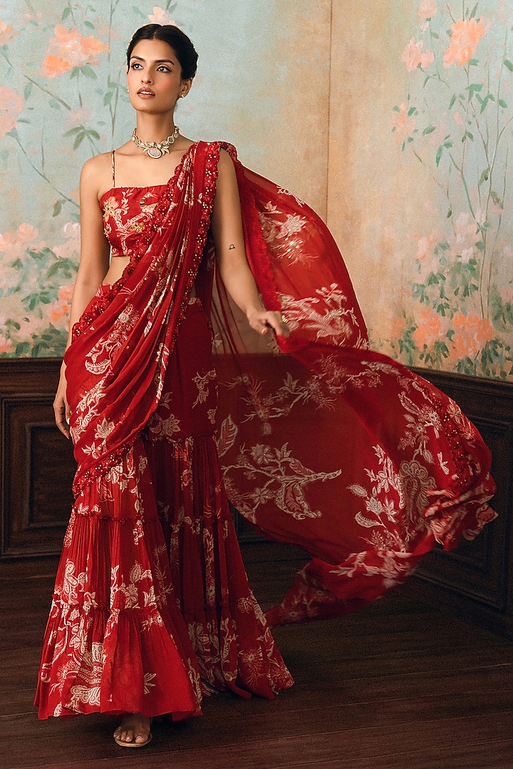Crimson Red Georgette Printed Sharara Wedding Saree Set by Paulmi & Harsh at Pernia's Pop Up Shop