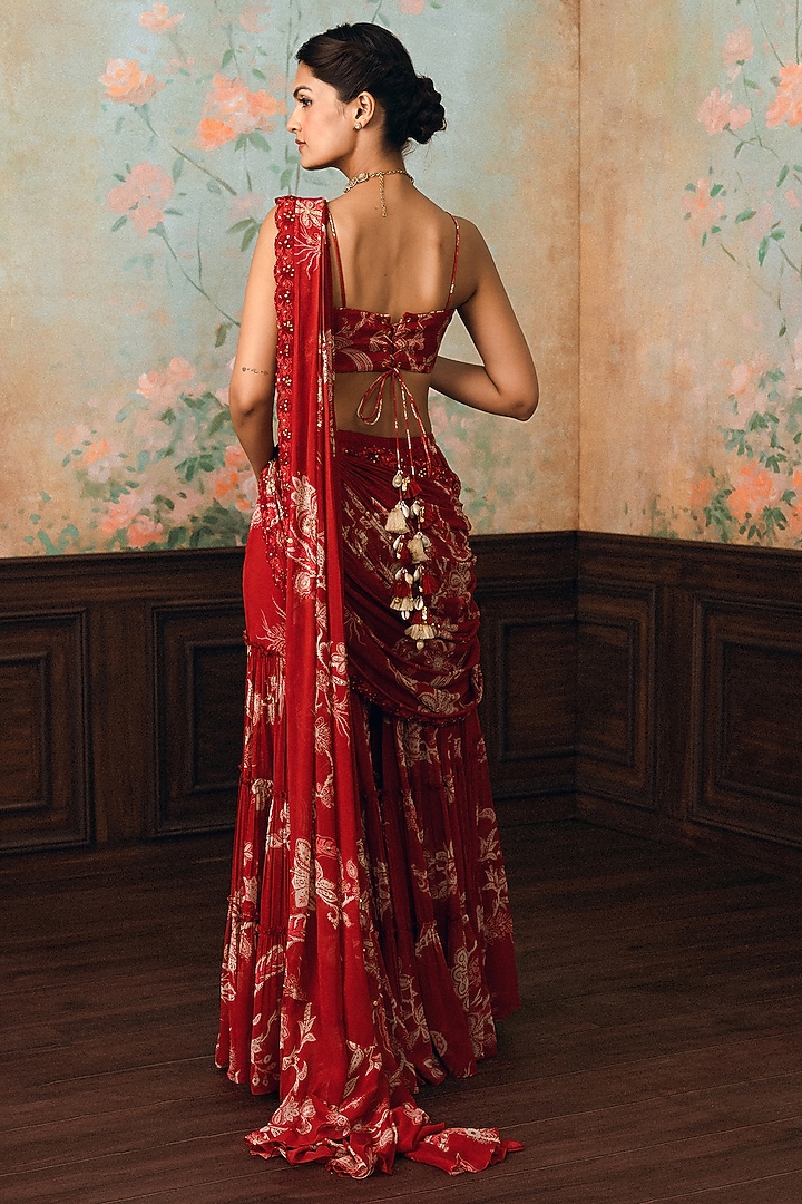 Crimson Red Georgette Printed Sharara Wedding Saree Set by Paulmi & Harsh at Pernia's Pop Up Shop