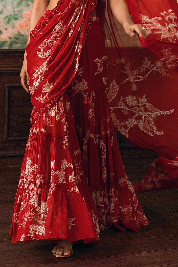 Crimson Red Georgette Printed Sharara Wedding Saree Set by Paulmi & Harsh at Pernia's Pop Up Shop