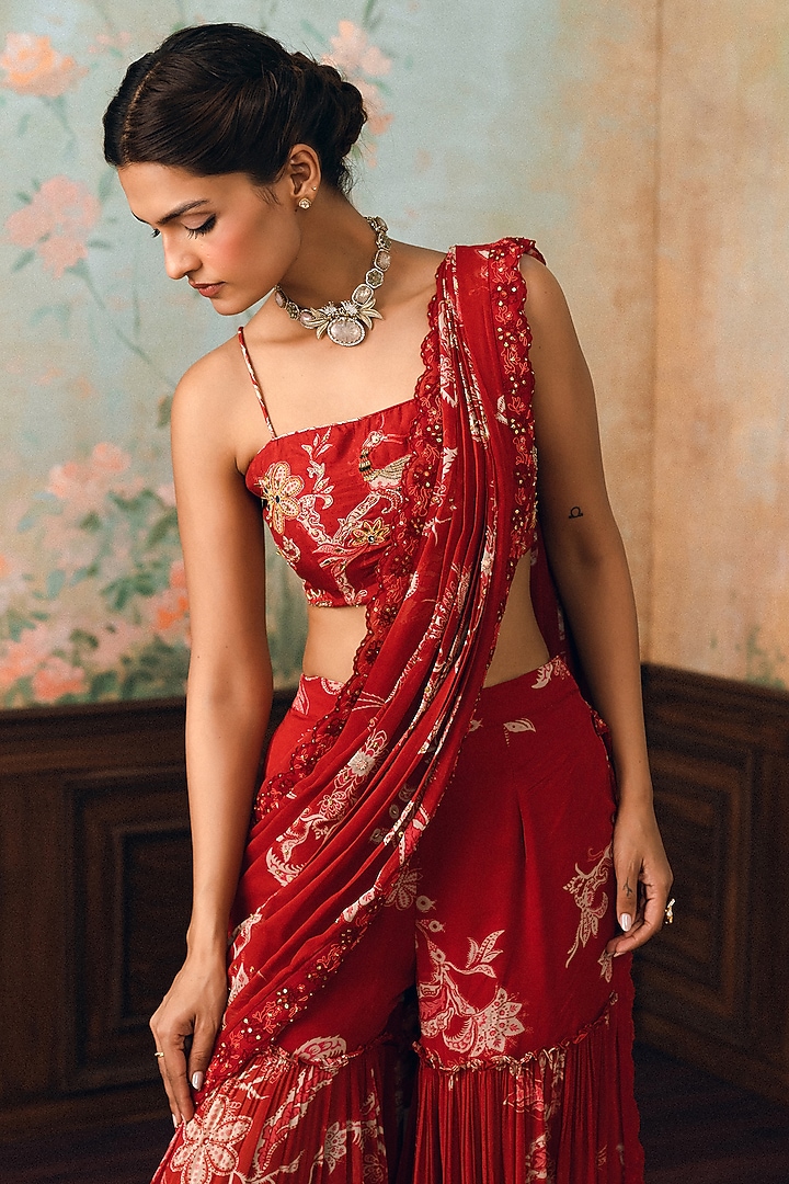 Crimson Red Georgette Printed Sharara Wedding Saree Set by Paulmi & Harsh at Pernia's Pop Up Shop