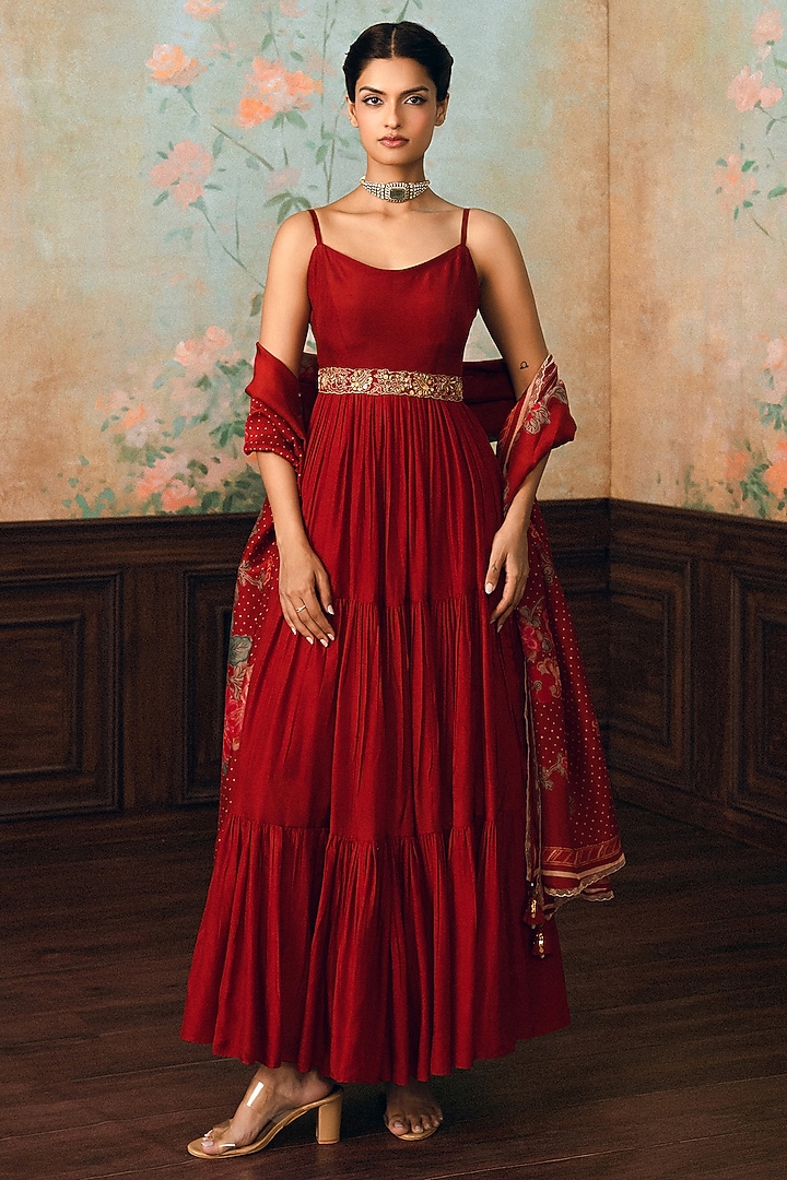 Crimson Red Modal Silk Maxi Vacation Dress With Dupatta by Paulmi & Harsh at Pernia's Pop Up Shop