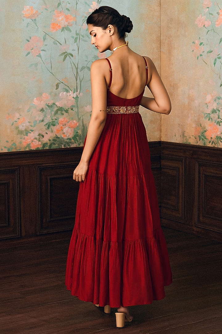 Crimson Red Modal Silk Maxi Vacation Dress With Dupatta by Paulmi & Harsh at Pernia's Pop Up Shop