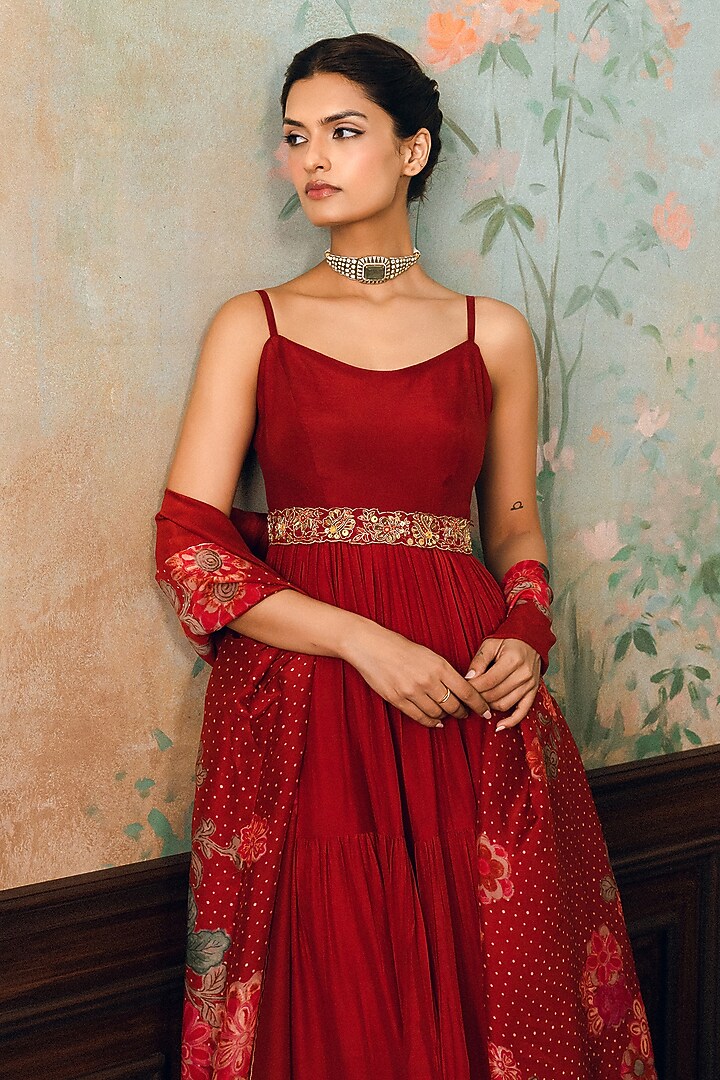 Crimson Red Modal Silk Maxi Vacation Dress With Dupatta by Paulmi & Harsh at Pernia's Pop Up Shop