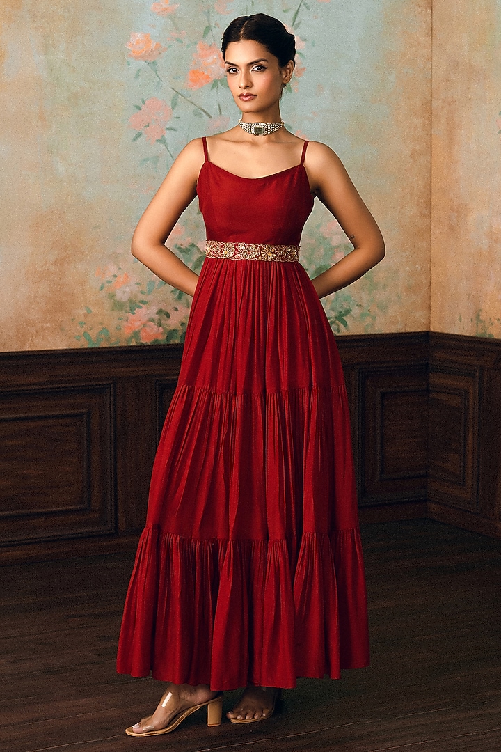 Crimson Red Modal Silk Maxi Vacation Dress With Dupatta by Paulmi & Harsh at Pernia's Pop Up Shop