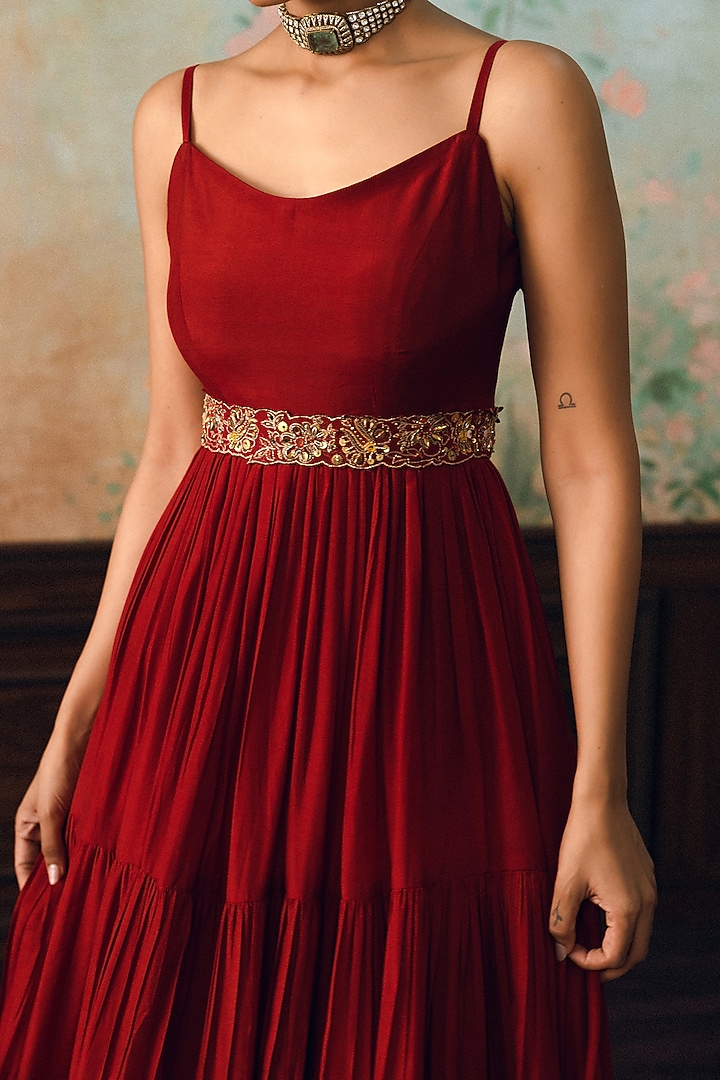 Crimson Red Modal Silk Maxi Vacation Dress With Dupatta by Paulmi & Harsh at Pernia's Pop Up Shop