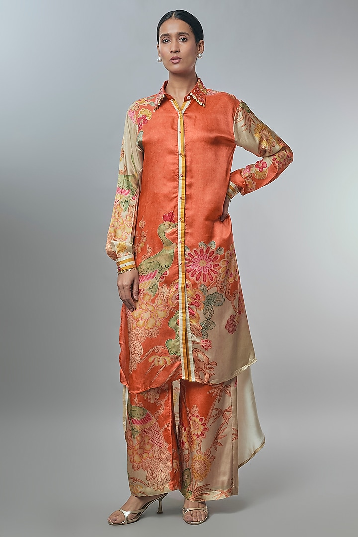 Rust Orange Japan Satin Printed Kurta Set by Paulmi & Harsh at Pernia's Pop Up Shop